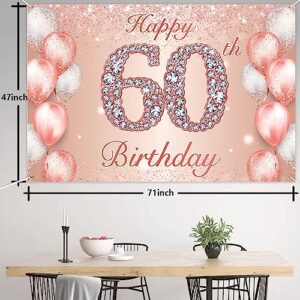 Happy 60th Birthday Rose Gold Banner Cheers to 60 Years Old Backdrop Confetti Balloons Theme Decor for Women 60 Years Old Pink Birthday Party Decorations Bday Supplies Background Favors Gift Glitter