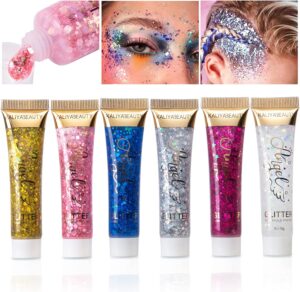beteligir 6pcs face body glitter, concert glitter gel, face eye hair music festival rave accessories makeup,sparkling body glitter gel for women