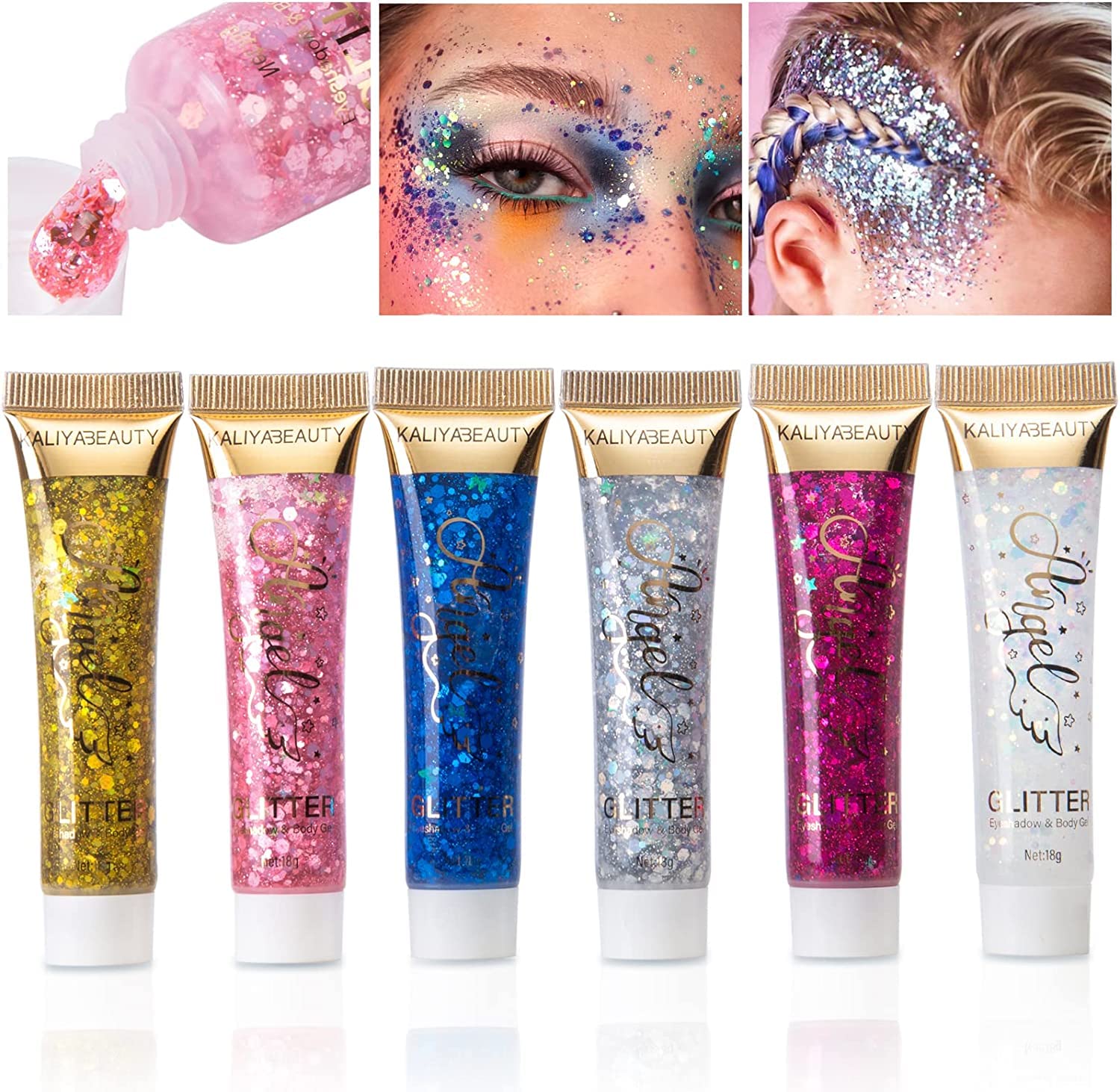 Beteligir 6pcs Face Body Glitter, Concert Glitter Gel, Face Eye Hair Music Festival Rave Accessories Makeup,Sparkling Body Glitter Gel for Women