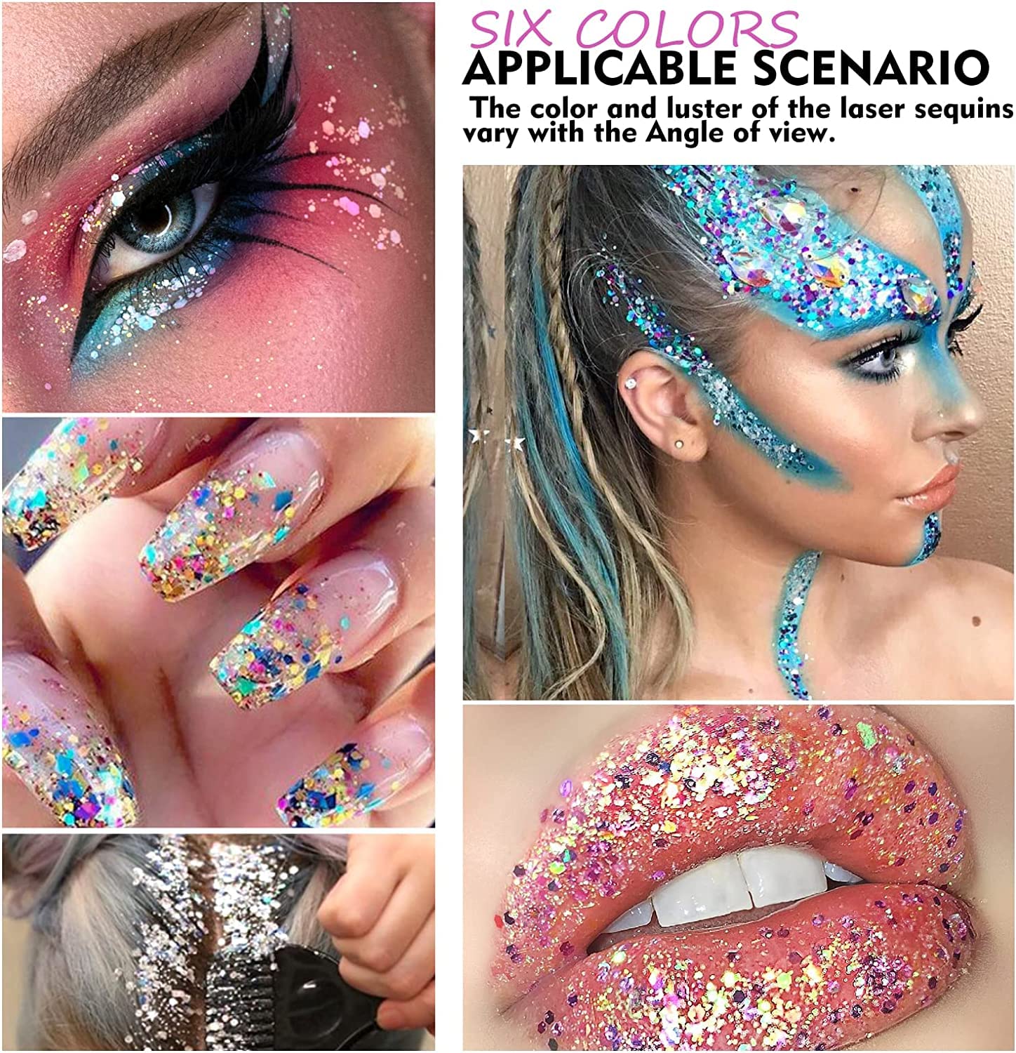 Beteligir 6pcs Face Body Glitter, Concert Glitter Gel, Face Eye Hair Music Festival Rave Accessories Makeup,Sparkling Body Glitter Gel for Women