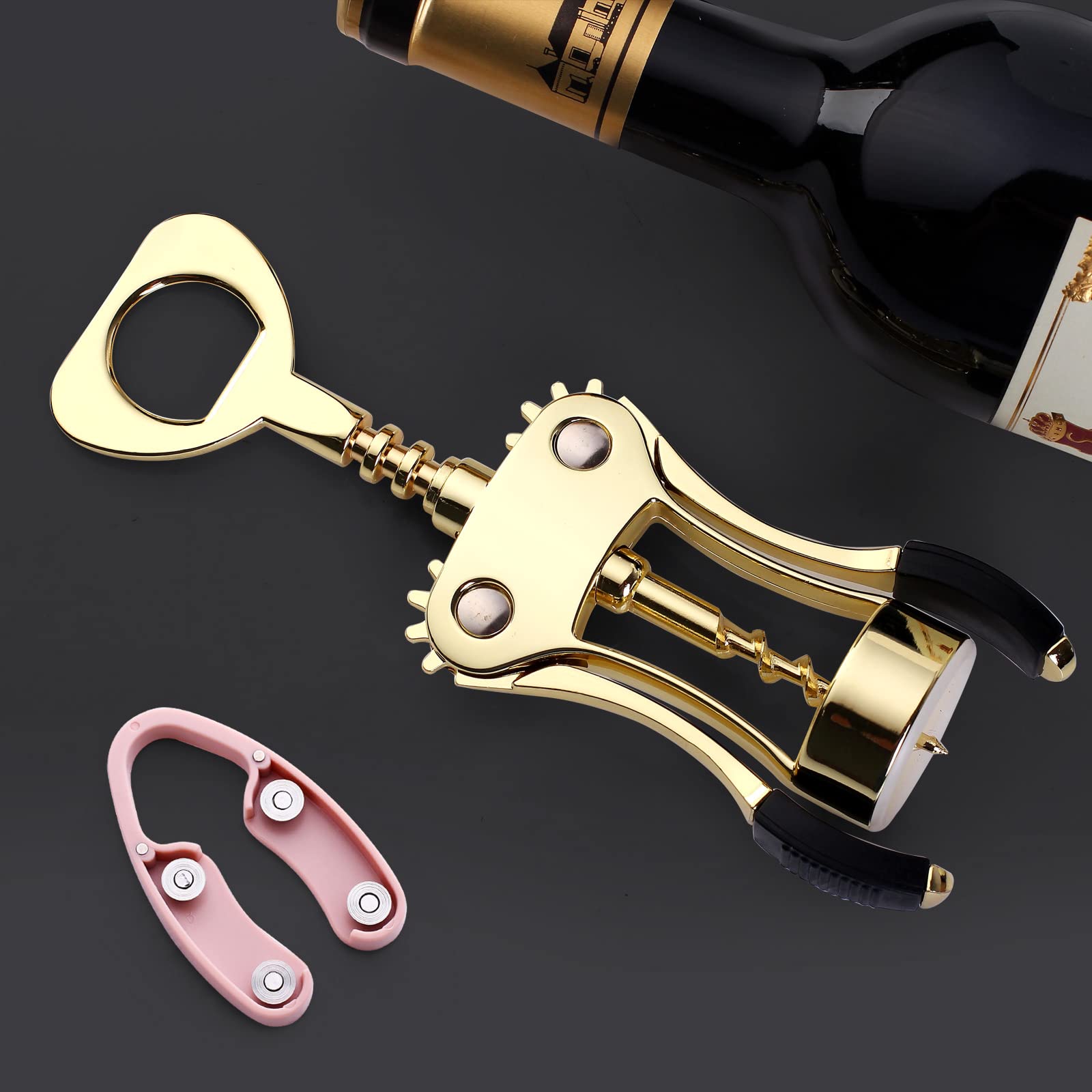 Drincarier Wine Opener, Zinc Alloy Premium Wing Corkscrew Wine Bottle Opener with Multifunctional Bottles Opener, Upgrade (Gold Opener With Foil Cutter)