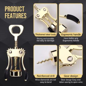 Drincarier Wine Opener, Zinc Alloy Premium Wing Corkscrew Wine Bottle Opener with Multifunctional Bottles Opener, Upgrade (Gold Opener With Foil Cutter)