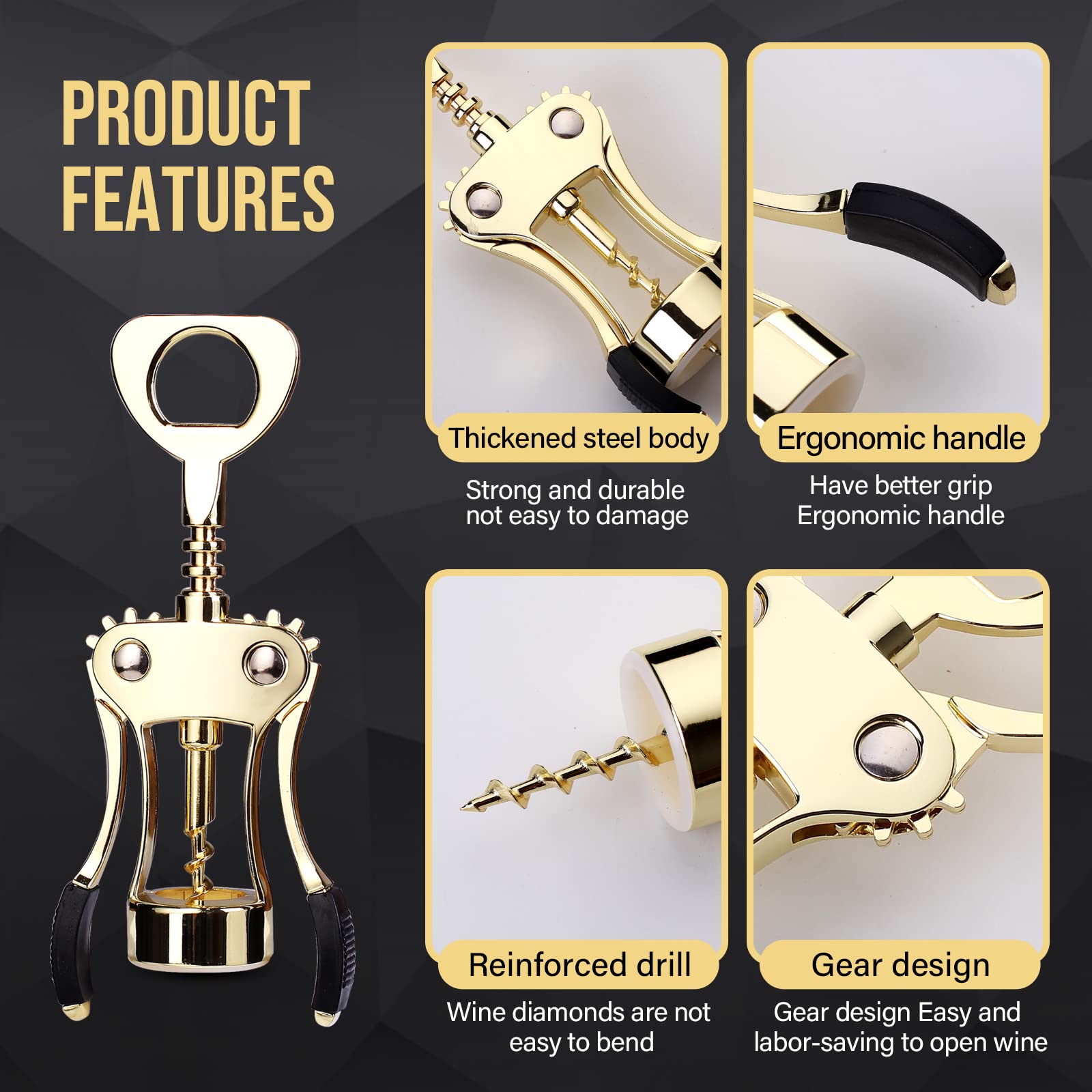 Drincarier Wine Opener, Zinc Alloy Premium Wing Corkscrew Wine Bottle Opener with Multifunctional Bottles Opener, Upgrade (Gold Opener With Foil Cutter)