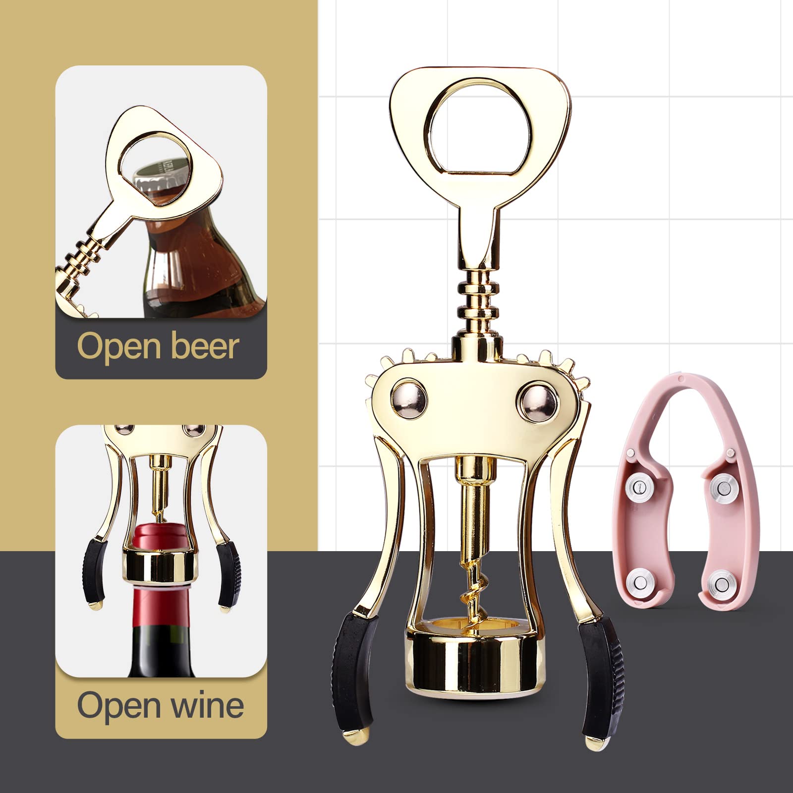 Drincarier Wine Opener, Zinc Alloy Premium Wing Corkscrew Wine Bottle Opener with Multifunctional Bottles Opener, Upgrade (Gold Opener With Foil Cutter)