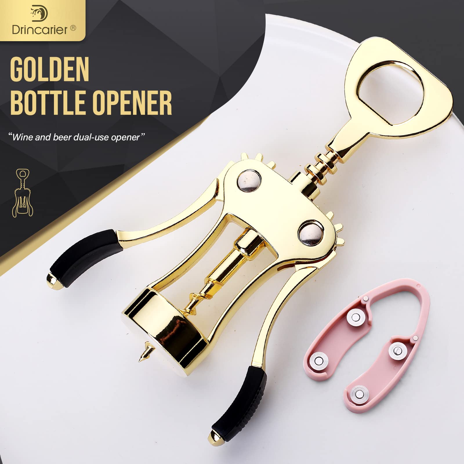 Drincarier Wine Opener, Zinc Alloy Premium Wing Corkscrew Wine Bottle Opener with Multifunctional Bottles Opener, Upgrade (Gold Opener With Foil Cutter)