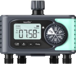 rainpoint sprinkler timer 4 zone water timer, 4 outlets hose timers for watering with rain delay/manual/automatic timed irrigation controller system, programmable digital faucet timer for lawn pool
