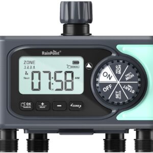 RAINPOINT Sprinkler Timer 4 Zone Water Timer, 4 Outlets Hose Timers for Watering with Rain Delay/Manual/Automatic Timed Irrigation Controller System, Programmable Digital Faucet Timer for Lawn Pool