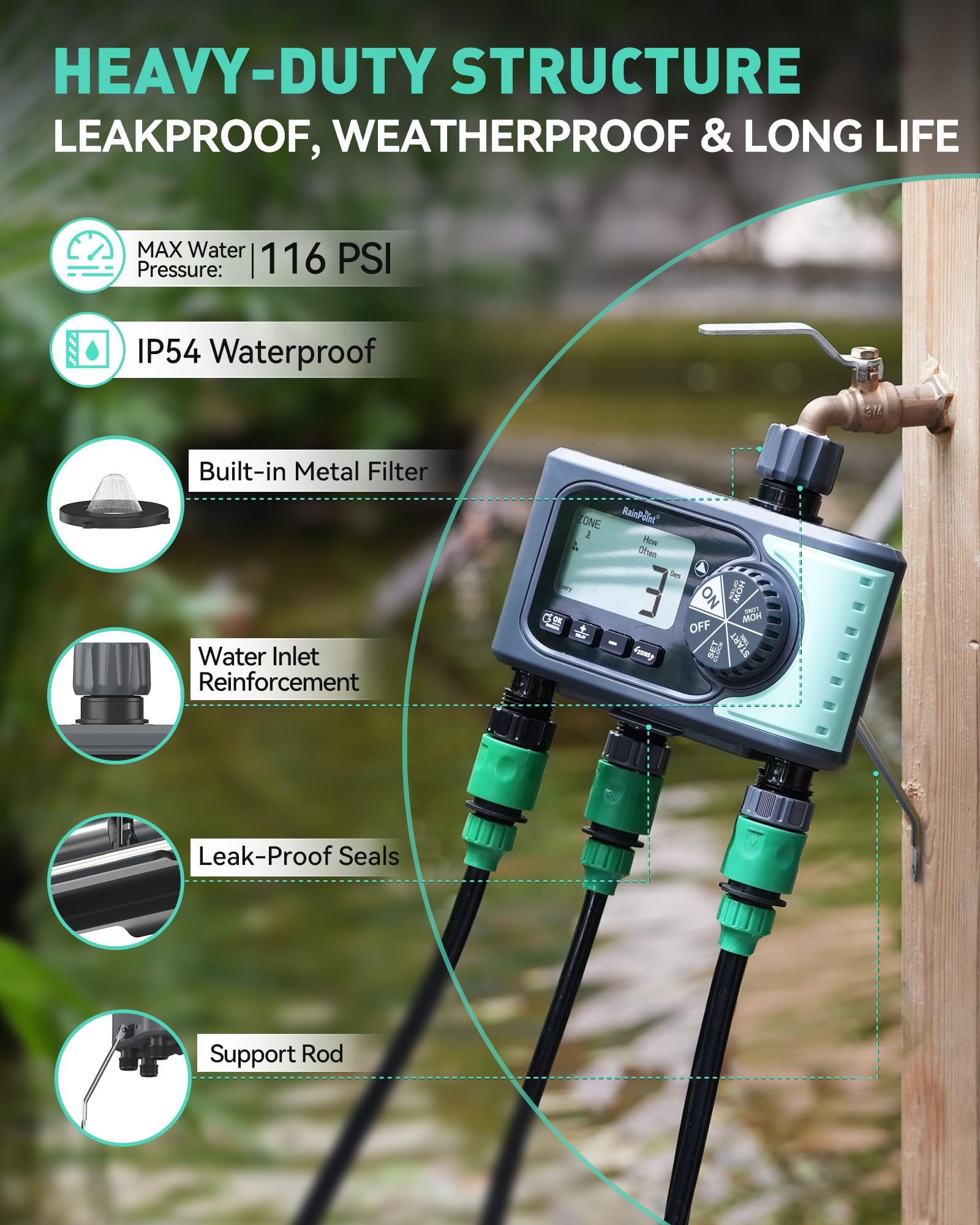 RAINPOINT Sprinkler Timer 4 Zone Water Timer, 4 Outlets Hose Timers for Watering with Rain Delay/Manual/Automatic Timed Irrigation Controller System, Programmable Digital Faucet Timer for Lawn Pool