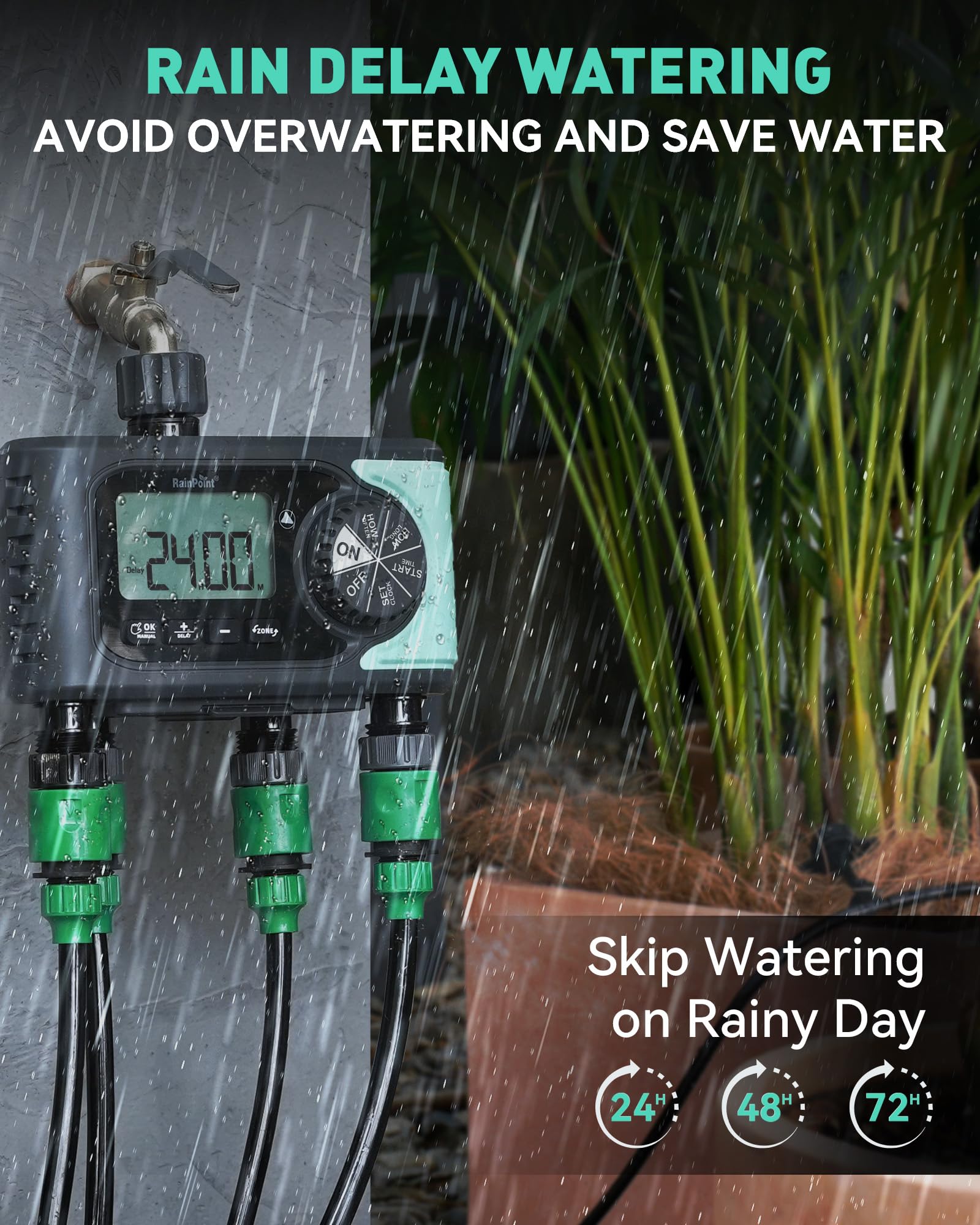 RAINPOINT Sprinkler Timer 4 Zone Water Timer, 4 Outlets Hose Timers for Watering with Rain Delay/Manual/Automatic Timed Irrigation Controller System, Programmable Digital Faucet Timer for Lawn Pool