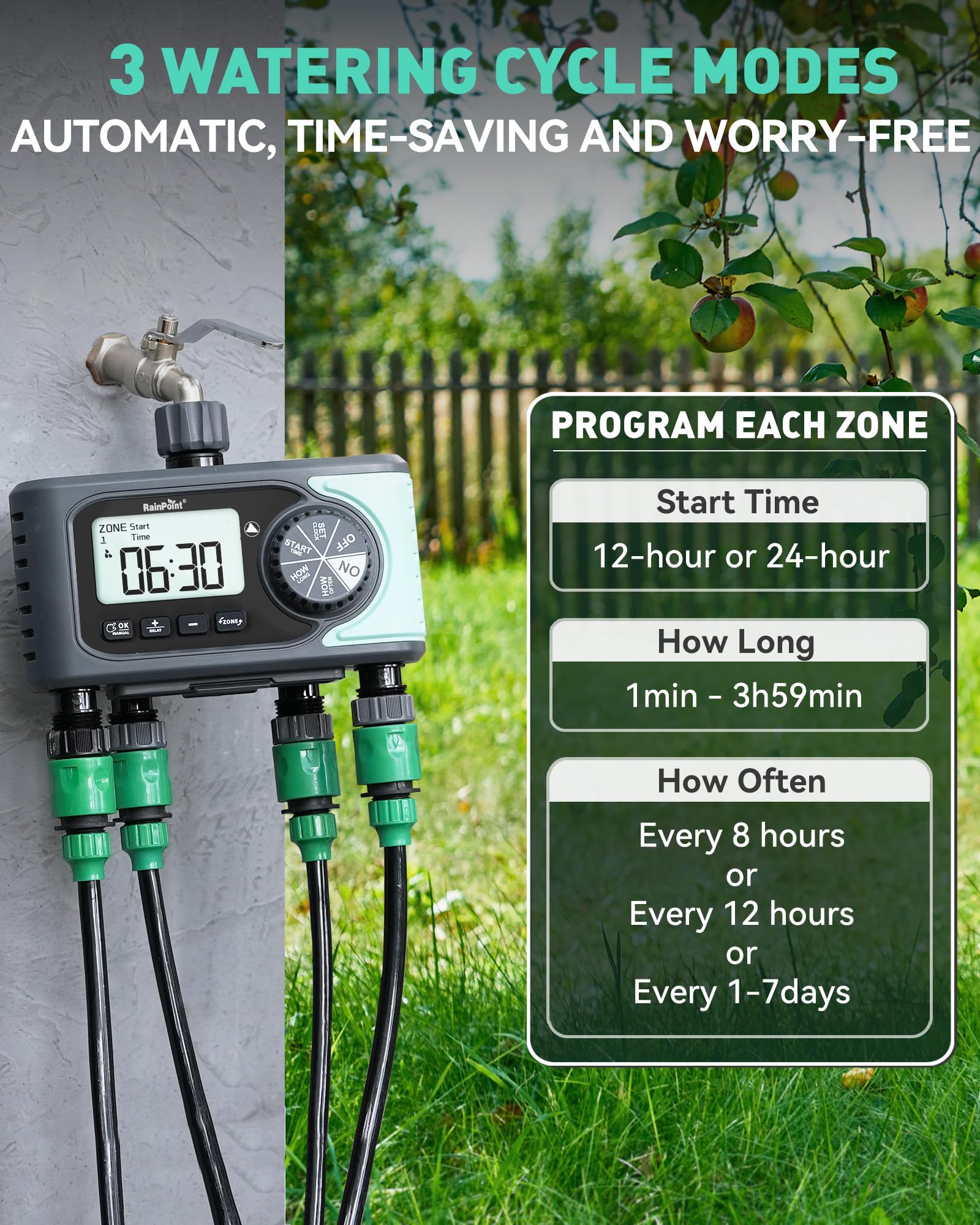 RAINPOINT Sprinkler Timer 4 Zone Water Timer, 4 Outlets Hose Timers for Watering with Rain Delay/Manual/Automatic Timed Irrigation Controller System, Programmable Digital Faucet Timer for Lawn Pool