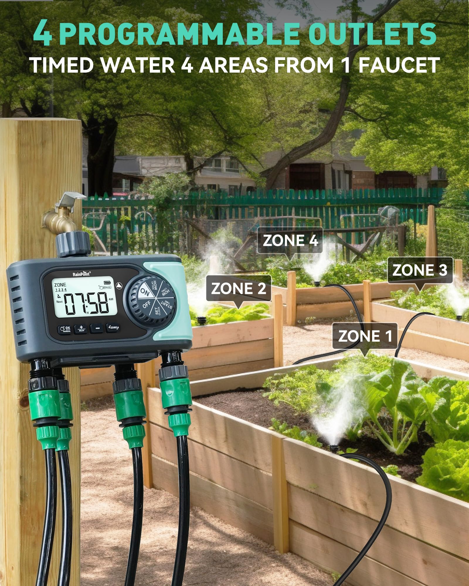 RAINPOINT Sprinkler Timer 4 Zone Water Timer, 4 Outlets Hose Timers for Watering with Rain Delay/Manual/Automatic Timed Irrigation Controller System, Programmable Digital Faucet Timer for Lawn Pool