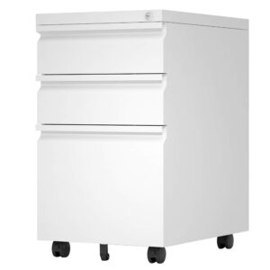 supeer 3 drawer mobile file cabinet with lock,under desk metal filing cabinet with wheels for legal/letter/a4 file, fully assembled except wheels(white)…