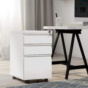 SUPEER 3 Drawer Mobile File Cabinet with Lock,Under Desk Metal Filing Cabinet with Wheels for Legal/Letter/A4 File, Fully Assembled Except Wheels(White)…