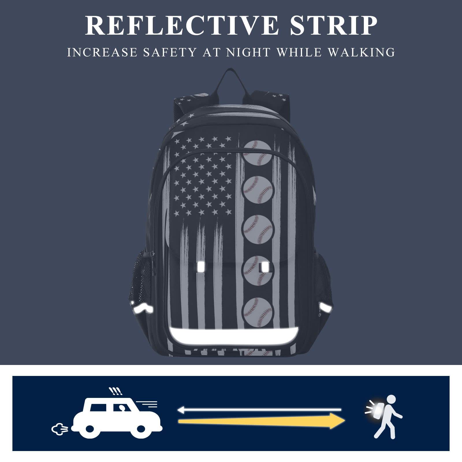 Glaphy American Flag Baseball Backpack School Bag Lightweight Laptop Backpack Students Travel Daypack with Reflective Stripes