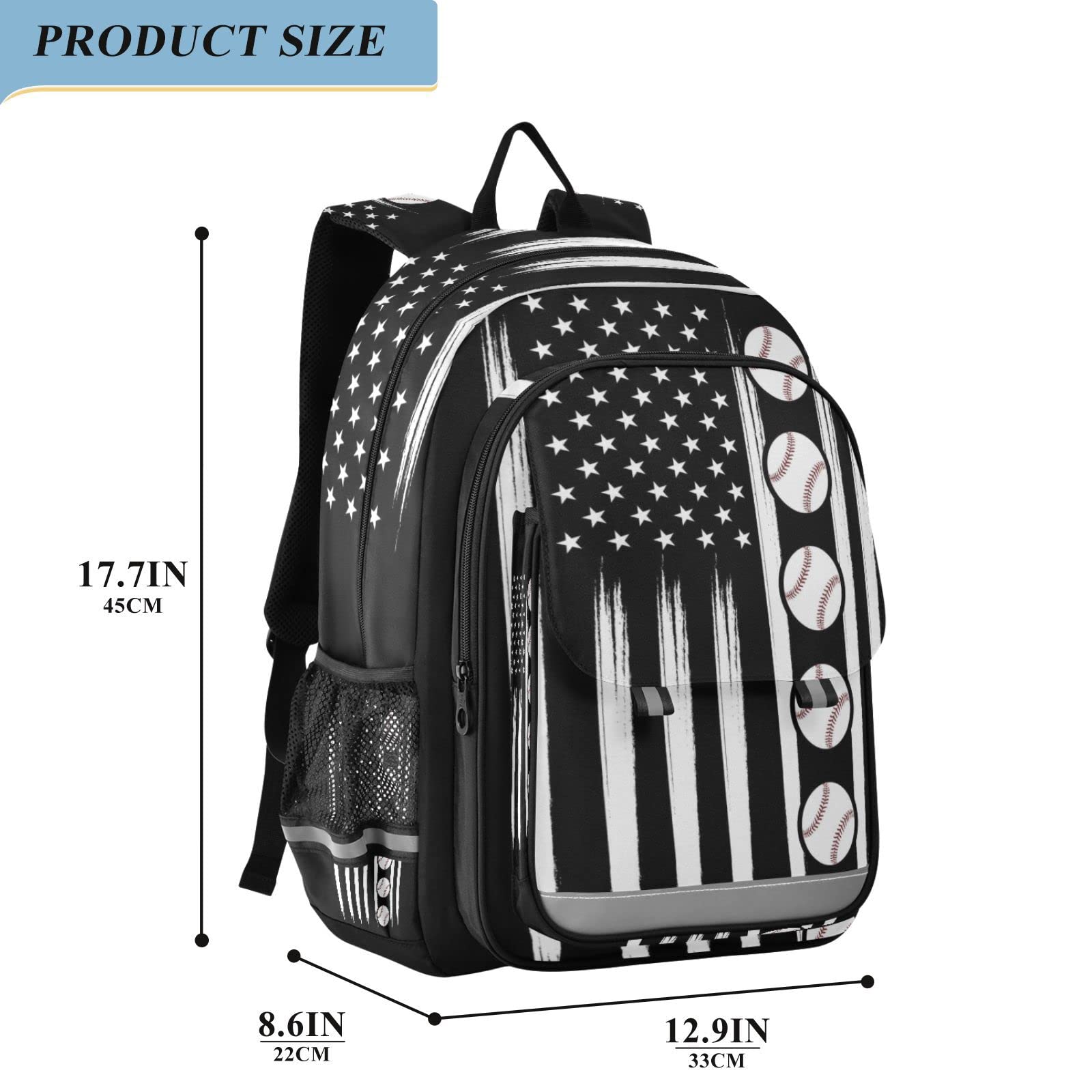 Glaphy American Flag Baseball Backpack School Bag Lightweight Laptop Backpack Students Travel Daypack with Reflective Stripes