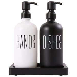 prus waso soap dispenser set, contains dish and hand soap dispenser. dish soap dispenser for kitchen sink with stainless steel pump, perfect for farmhouse kitchen decor. (black & white2)