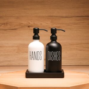 Prus Waso Soap Dispenser Set, Contains Dish and Hand Soap Dispenser. Dish Soap Dispenser for Kitchen Sink with Stainless Steel Pump, Perfect for Farmhouse Kitchen Decor. (Black & White2)