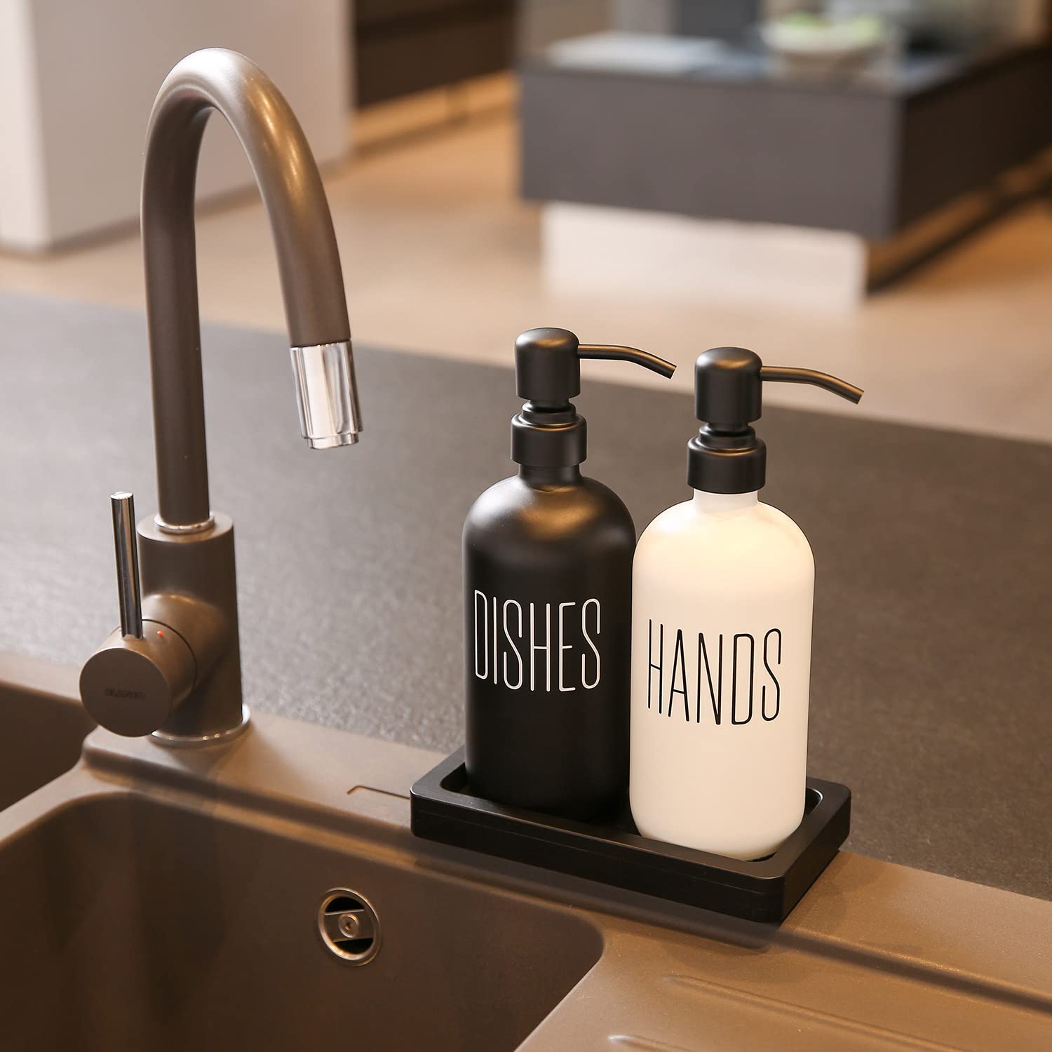 Prus Waso Soap Dispenser Set, Contains Dish and Hand Soap Dispenser. Dish Soap Dispenser for Kitchen Sink with Stainless Steel Pump, Perfect for Farmhouse Kitchen Decor. (Black & White2)