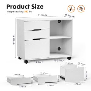 Sweetcrispy Filing Cabinet 3-Drawer File Cabinets Printer Stand for Home Office Mobile Vertical Storage Cabinet Under Desk Wood Organizers with Open Storage Shelves for Kids Room, Small Space
