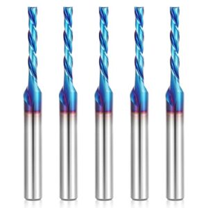 hqmaster 5 pcs spiral cnc router bits set down cut 1/4” shank solid carbide spiral downcut cnc bits with nano blue coating end mill for wood cut carving engraver 1/8" cutting dia.