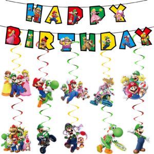 mario birthday party decorations, happy birthday banner with hanging swirls ceiling streamers decorations for kids mario party supplies