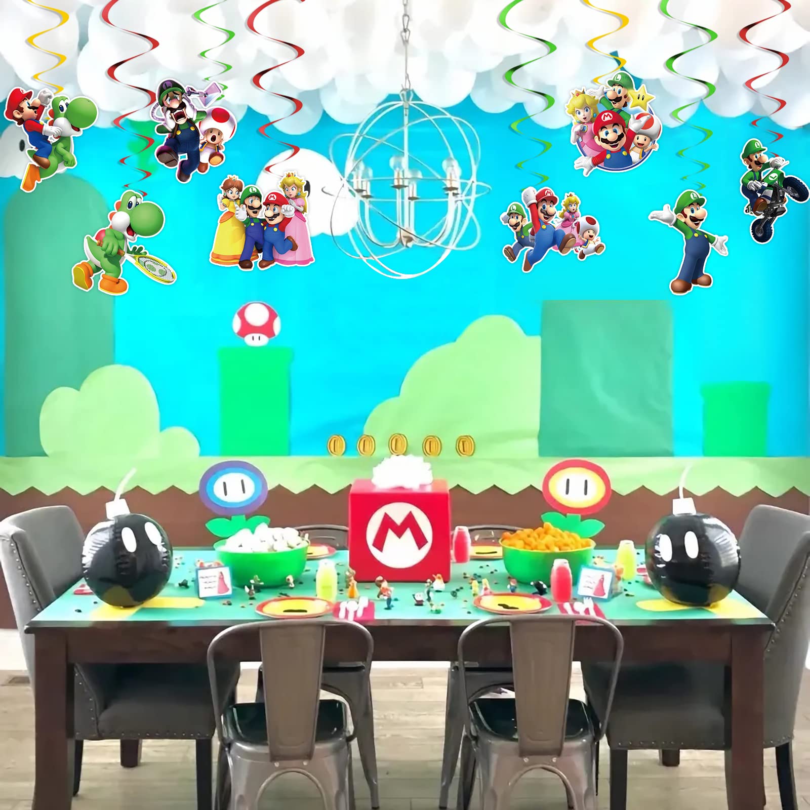 Mario Birthday Party Decorations, Happy Birthday Banner with Hanging Swirls Ceiling Streamers Decorations for Kids Mario Party Supplies