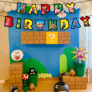 Mario Birthday Party Decorations, Happy Birthday Banner with Hanging Swirls Ceiling Streamers Decorations for Kids Mario Party Supplies