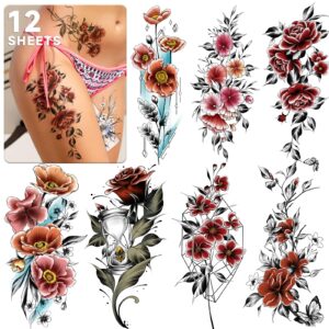 emome half arm colorful rose fake tattoos that look real and last long,12 sheets large temporary tattoos for women, hand tattoo stickers and temporary tattoo sleeves for adults girls neck arm