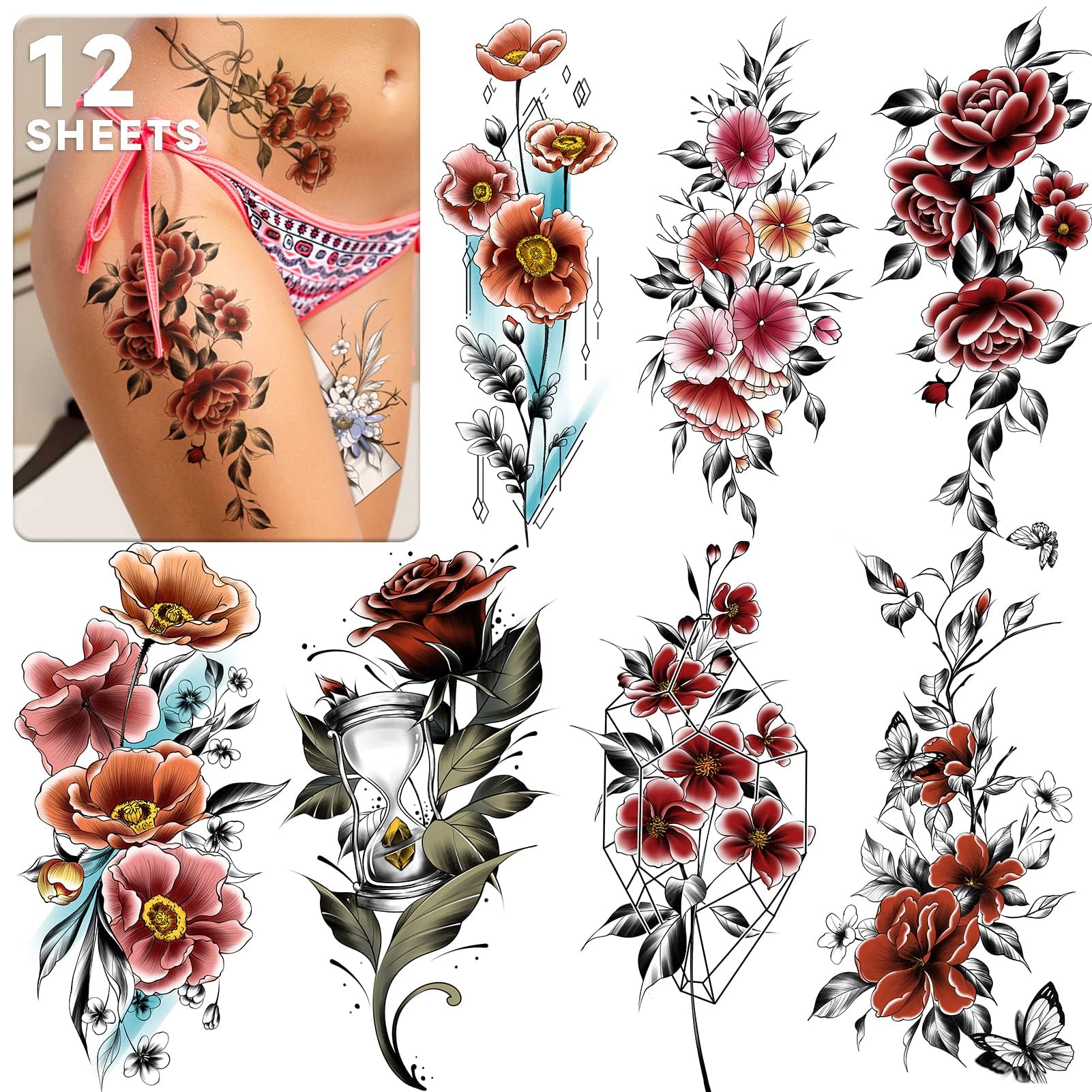 EMOME Half Arm Colorful Rose Fake Tattoos That Look Real and Last Long,12 Sheets Large Temporary Tattoos for Women, Hand Tattoo Stickers and Temporary Tattoo Sleeves for Adults Girls Neck Arm