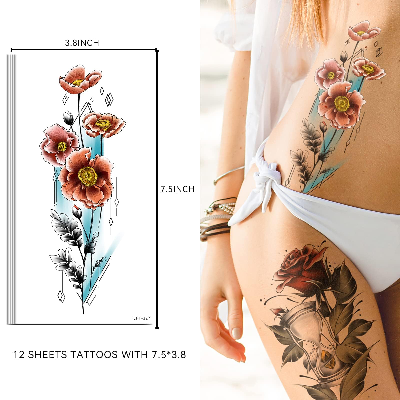 EMOME Half Arm Colorful Rose Fake Tattoos That Look Real and Last Long,12 Sheets Large Temporary Tattoos for Women, Hand Tattoo Stickers and Temporary Tattoo Sleeves for Adults Girls Neck Arm