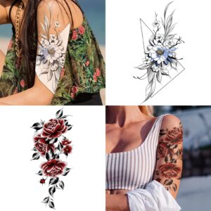 EMOME Half Arm Colorful Rose Fake Tattoos That Look Real and Last Long,12 Sheets Large Temporary Tattoos for Women, Hand Tattoo Stickers and Temporary Tattoo Sleeves for Adults Girls Neck Arm