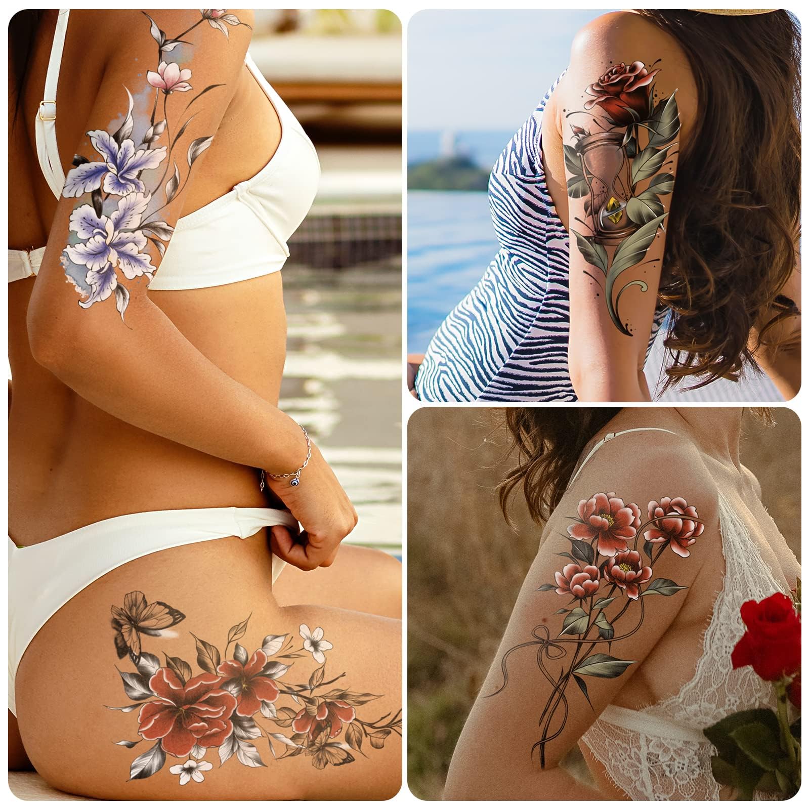 EMOME Half Arm Colorful Rose Fake Tattoos That Look Real and Last Long,12 Sheets Large Temporary Tattoos for Women, Hand Tattoo Stickers and Temporary Tattoo Sleeves for Adults Girls Neck Arm