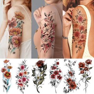 EMOME Half Arm Colorful Rose Fake Tattoos That Look Real and Last Long,12 Sheets Large Temporary Tattoos for Women, Hand Tattoo Stickers and Temporary Tattoo Sleeves for Adults Girls Neck Arm