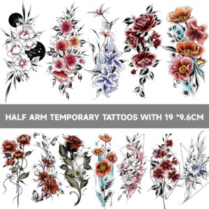 EMOME Half Arm Colorful Rose Fake Tattoos That Look Real and Last Long,12 Sheets Large Temporary Tattoos for Women, Hand Tattoo Stickers and Temporary Tattoo Sleeves for Adults Girls Neck Arm