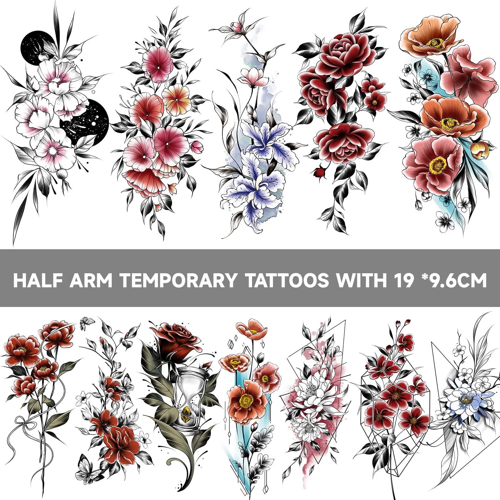 EMOME Half Arm Colorful Rose Fake Tattoos That Look Real and Last Long,12 Sheets Large Temporary Tattoos for Women, Hand Tattoo Stickers and Temporary Tattoo Sleeves for Adults Girls Neck Arm