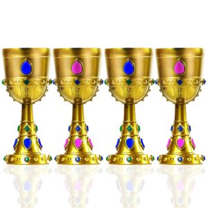 zhuruinin 4 pcs medieval molded crown goblets 8 oz gold jeweled plastic chalice king queen party goblets medieval party decorations for carnival party drinking decor supplies (4)