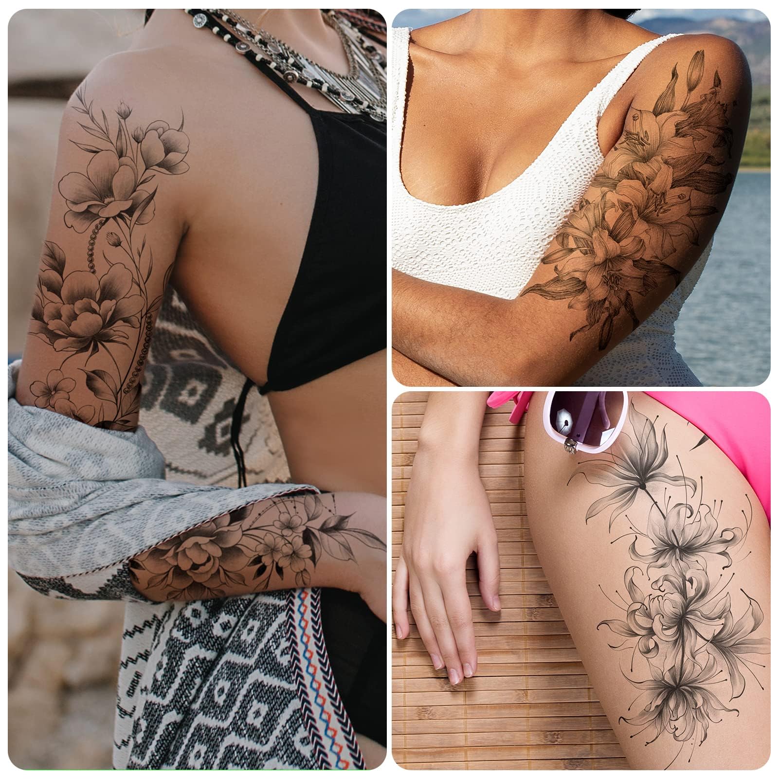 EMOME 12 Sheets Half Arm Flowers Temporary Tattoos for Women,Fake Tattoos That Look Real and Last Long, Large Body Marker Tattoos and Hand Tattoo Stickers for Adults Girls Neck Arm