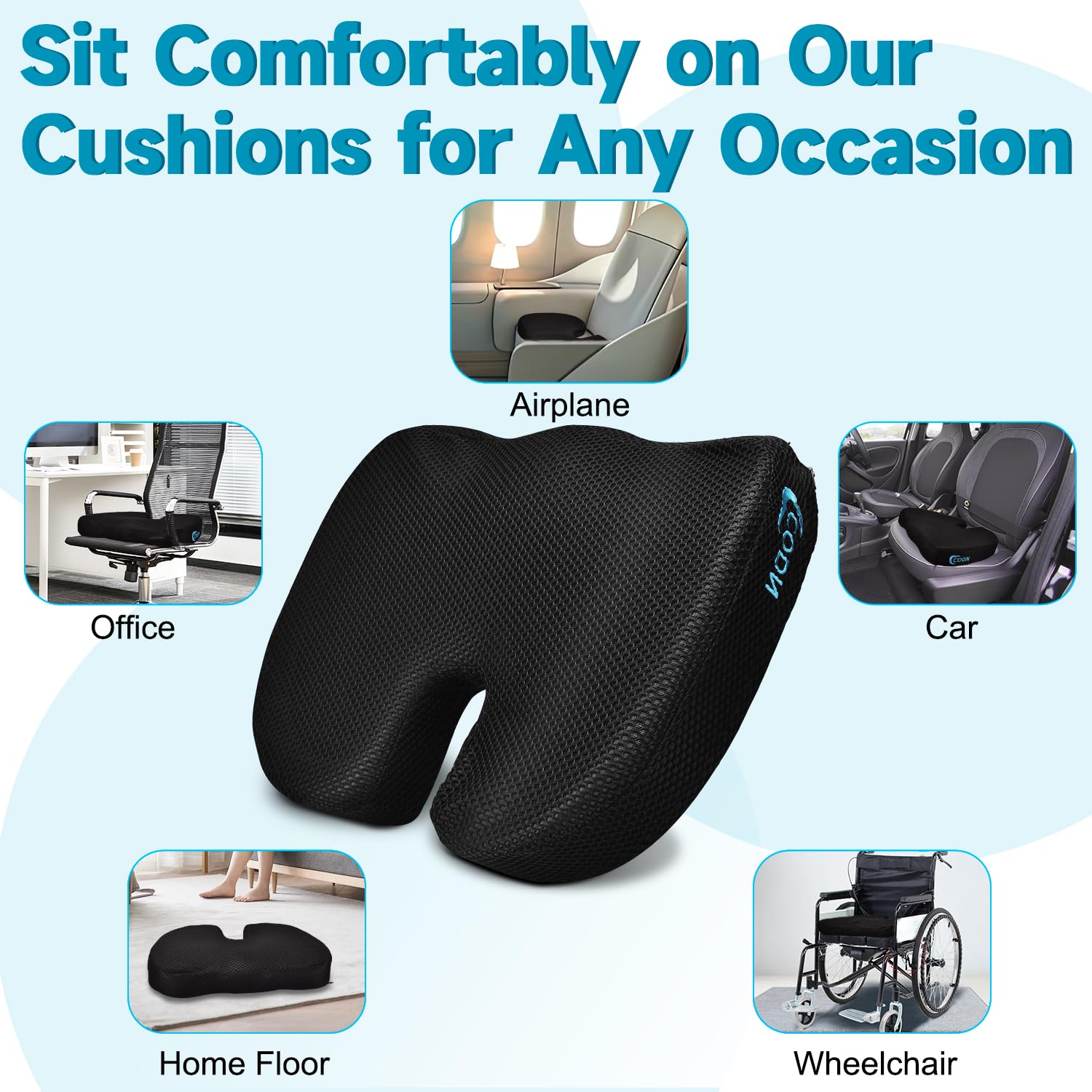 CODN Gel Chair Cushions for All-Day Sitting, Non-Slip Memory Foam Seat Cushion, Coccyx Tailbone and Sciatica Pain Relief Cushion, Chair Pad for Office Chairs, Desk Chair, Wheelchair