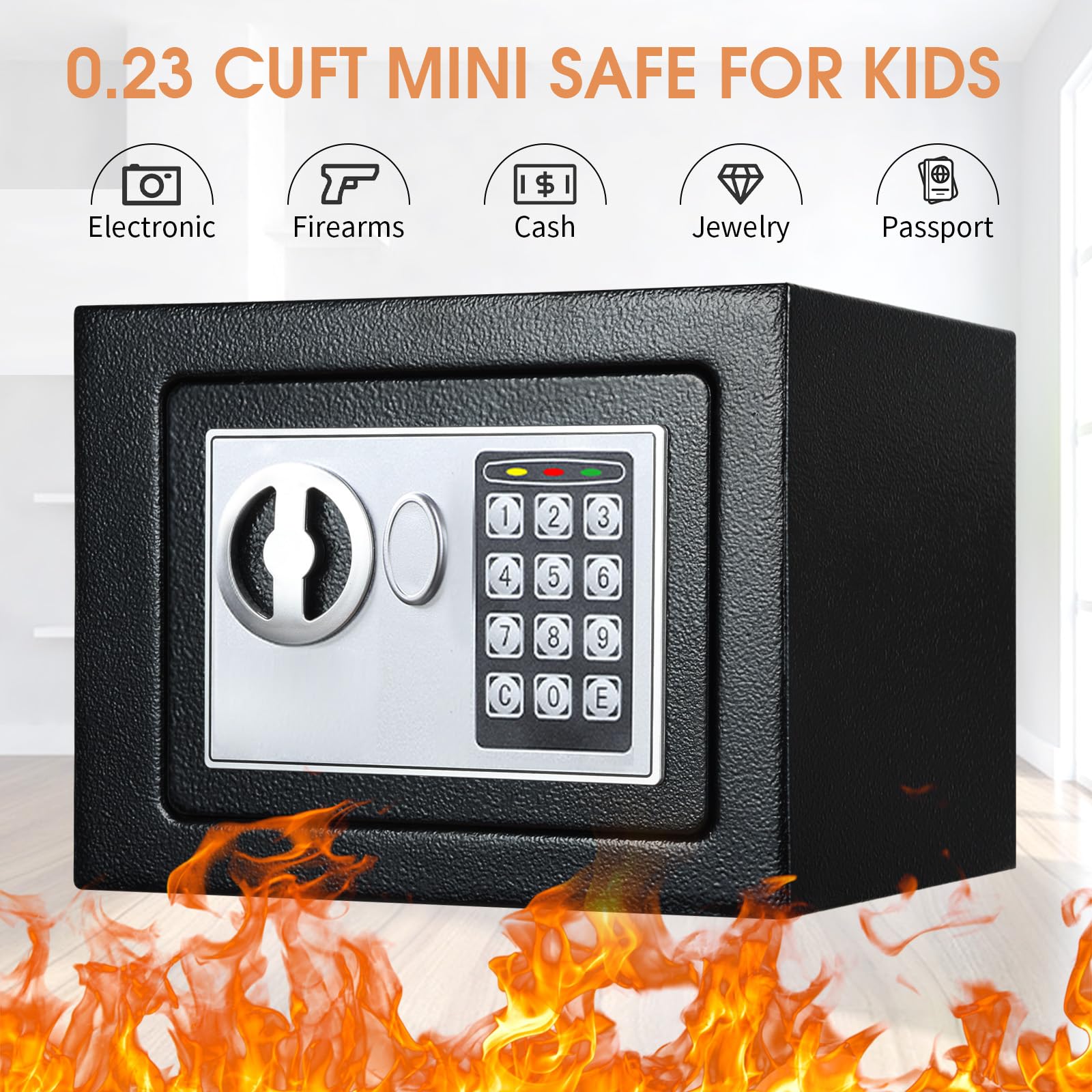 Fireproof Small Safe Box for Money, 0.23 Cu ft Mini Fireproof Safe with Combination Lock, Digital Safe for Kids Home Hotels Business (black)