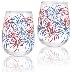 whaline 2pcs patriotic stemless wine glasses 17oz red blue firework drinking glasses firework tumbler cups independence day party cups for celebration 4th of july party supplies kitchen decor gifts