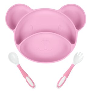 vicloon suction plates for baby, silicone suction dishware plate with spoon and fork,toddler plates bear shape,divided plates stay put with suction feature, silicone grip dish for dishwasher(pink)