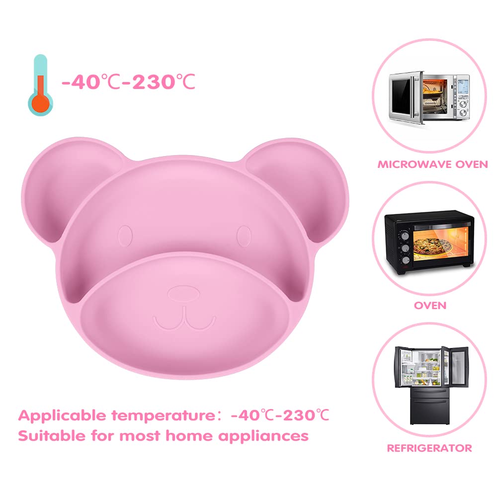 Vicloon Suction Plates for Baby, Silicone Suction Dishware Plate with Spoon and Fork,Toddler Plates Bear Shape,Divided Plates Stay Put with Suction Feature, Silicone Grip Dish for Dishwasher(Pink)