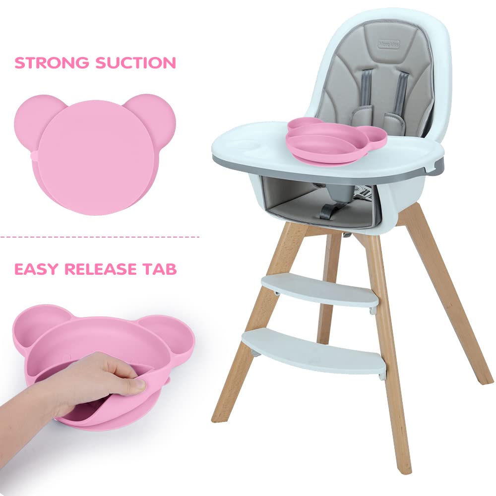 Vicloon Suction Plates for Baby, Silicone Suction Dishware Plate with Spoon and Fork,Toddler Plates Bear Shape,Divided Plates Stay Put with Suction Feature, Silicone Grip Dish for Dishwasher(Pink)