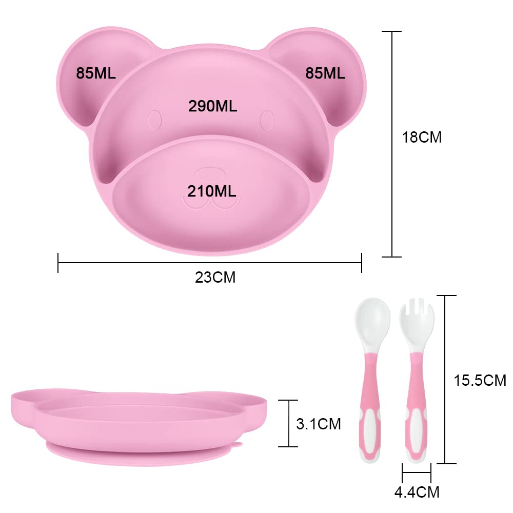 Vicloon Suction Plates for Baby, Silicone Suction Dishware Plate with Spoon and Fork,Toddler Plates Bear Shape,Divided Plates Stay Put with Suction Feature, Silicone Grip Dish for Dishwasher(Pink)