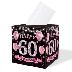 60th rose gold birthday cards box - 60 year birthday party decorations for bday gift or money receiving card box, birthday activities supplies - pink011