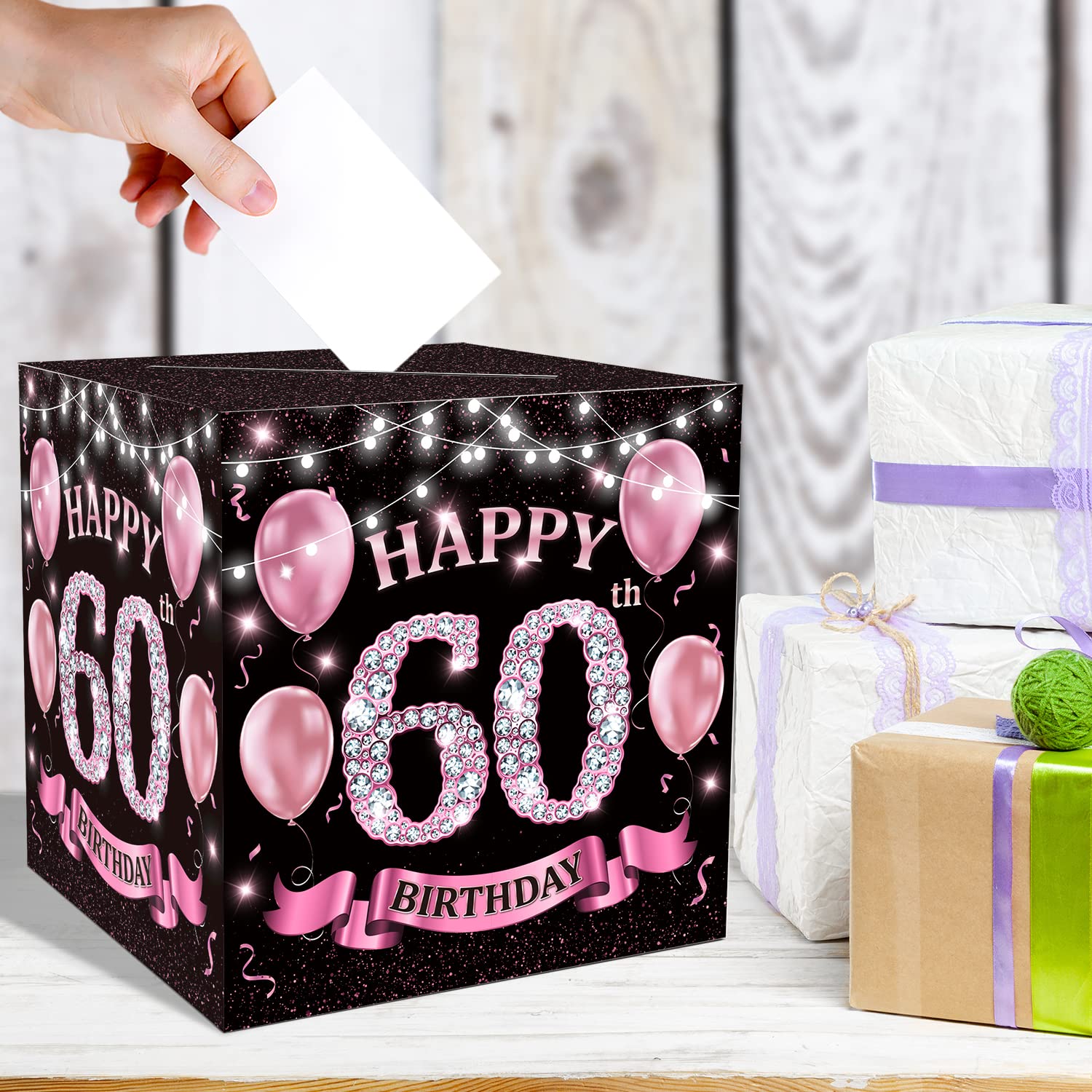 60th Rose Gold Birthday Cards Box - 60 Year Birthday Party Decorations for bday Gift or Money Receiving Card Box, Birthday Activities Supplies - pink011