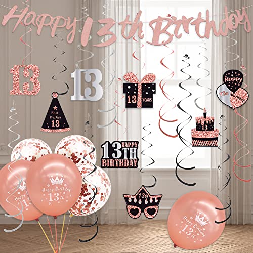 WOJOGO 13th Birthday Decorations for Girls Boys, Rose Gold 13 Birthday Decorations Kit, Teenager Happy 13th Birthday Banner Hanging Swirls Birthday Cake Topper Balloons for Party Supplies