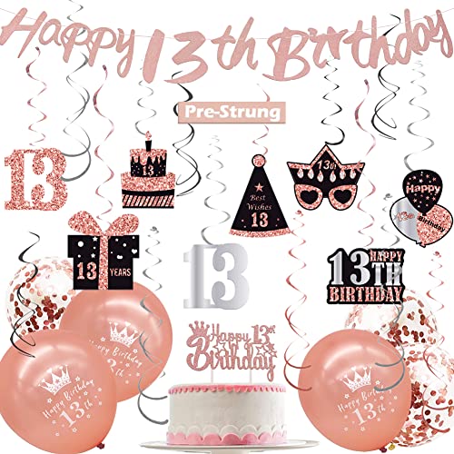 WOJOGO 13th Birthday Decorations for Girls Boys, Rose Gold 13 Birthday Decorations Kit, Teenager Happy 13th Birthday Banner Hanging Swirls Birthday Cake Topper Balloons for Party Supplies