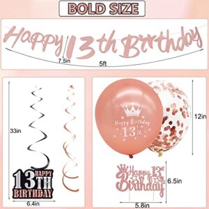 WOJOGO 13th Birthday Decorations for Girls Boys, Rose Gold 13 Birthday Decorations Kit, Teenager Happy 13th Birthday Banner Hanging Swirls Birthday Cake Topper Balloons for Party Supplies