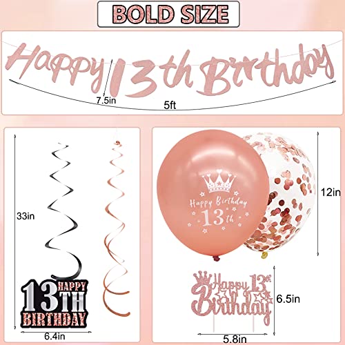 WOJOGO 13th Birthday Decorations for Girls Boys, Rose Gold 13 Birthday Decorations Kit, Teenager Happy 13th Birthday Banner Hanging Swirls Birthday Cake Topper Balloons for Party Supplies